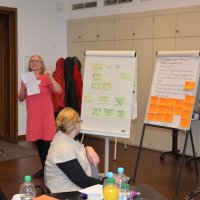 Eine Mitarbeiterin des NetzwerkBüros steht vor 2 beschriebenen Flip Charts. Sie hält einen Zettel in der Hand und spricht in das Mikrofon. Die Moderatorin steht rechts neben ihr. 2 von den Tagungsgästen sitzen mit im Bild.